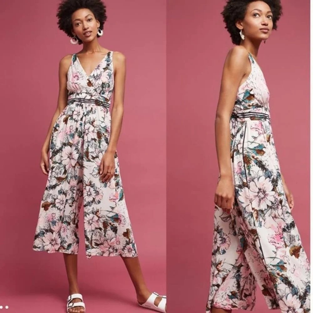 Anthropologie Plenty by Tracy Reese 8 Gwyneth Floral Wide Leg V-Neck Jumpsuit